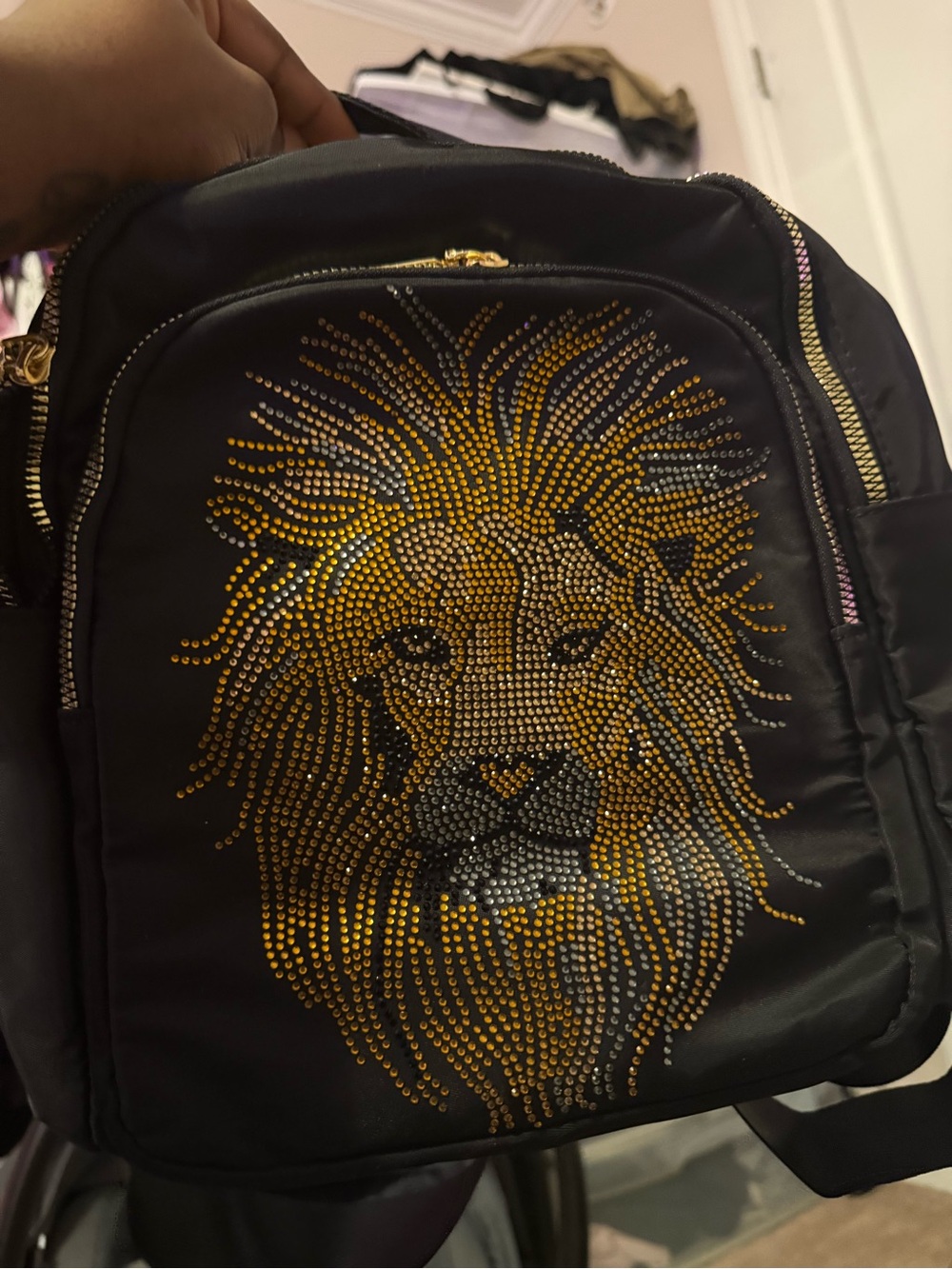 Black Rhinestone Lion Backpack Gold Silver Studded Statement Bag